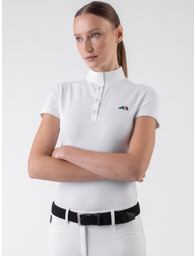 ISABEL – Weißes Turnierpoloshirt für Damen mit kurzen Ärmeln und italienischer Logo-Flagge