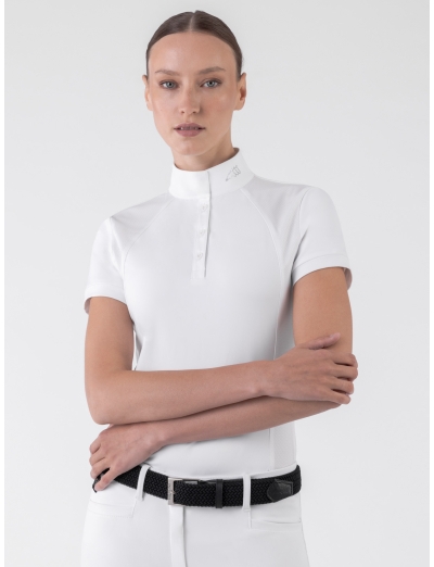 GEAK – Polo de compétition blanc pour femmes avec manches courtes et strass