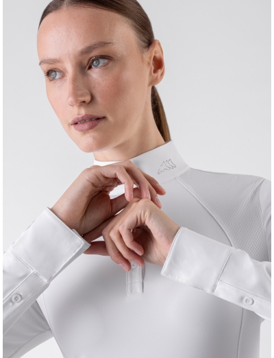 GHITAK- Polo de compétition blanc pour femmes avec manches longues et strass