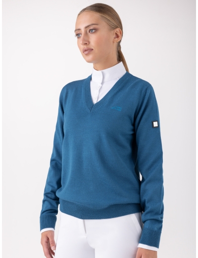 Pull-over à col en V deep lagoon pour femme