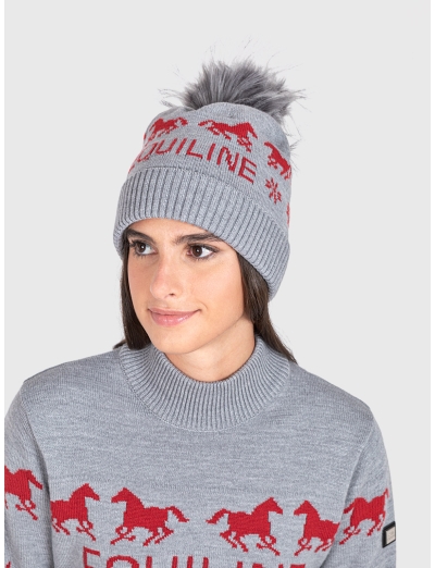 GREY CHRISTMAS WOOL PON PON HAT WITH EQUILINE LOGO