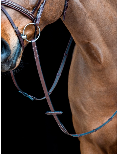 BROWN LEATHER CONTINENTAL ANTISLIP REINS WITH 7 LEATHER STOPS AND MARTINGALE STOPPER