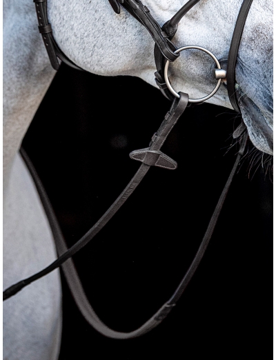 BLACK RUBBER GRIP REINS WITH NEW SHAPE MARTINGALE STOPPER AND HOOK & STUD CLOSURE