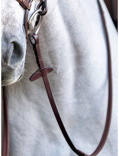 BROWN RUBBER GRIP REINS WITH NEW SHAPE MARTINGALE STOPPER AND HOOK & STUD CLOSURE