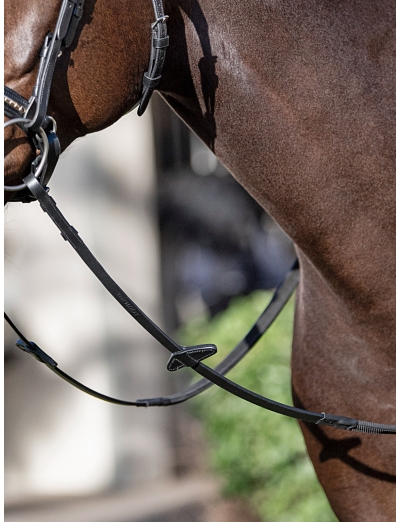 BLACK RUBBER GRIP REINS WITH NEW SHAPE MARTINGALE STOPPER AND HOOK & STUD CLOSURE