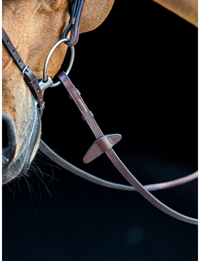 BROWN RUBBER GRIP REINS WITH NEW SHAPE MARTINGALE STOPPER AND HOOK & STUD CLOSURE